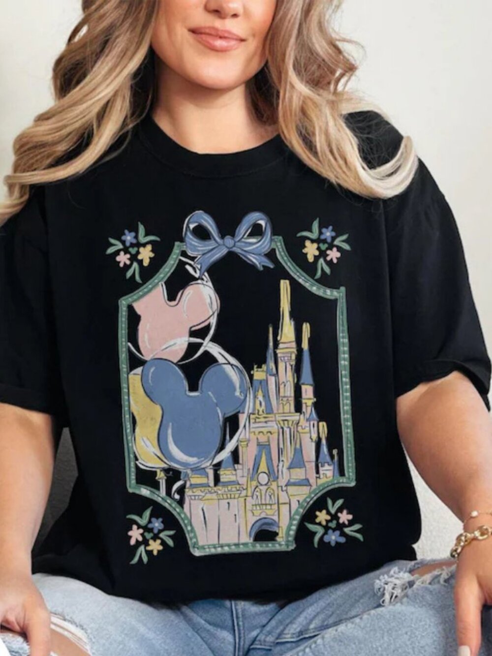 Disney Castle Mickey Balloons Sketch Graphic Tee Black